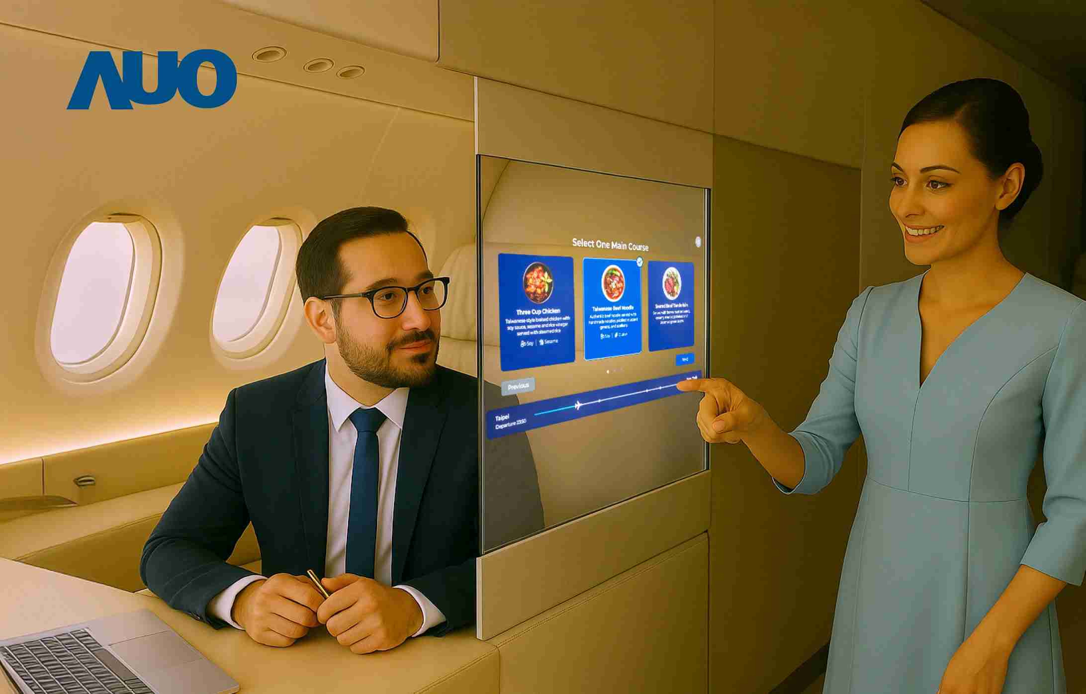 蓝狮在线研发全球最薄17.3 吋双面透明 Micro LED 显示器，，，可在同一屏幕之双边投射不同信息，，，，创造独特的”透明化”互动；图为实时翻译交流应用情境